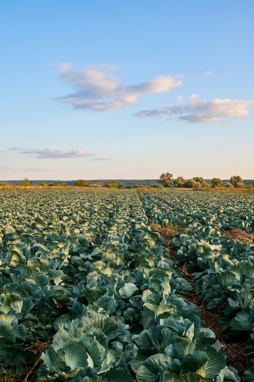 Lush green farm field under a bright blue sky.