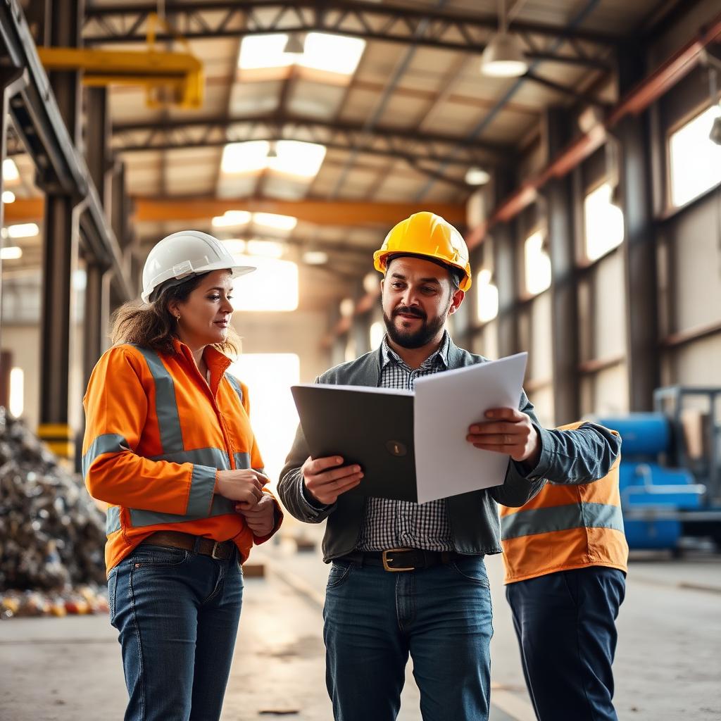 Two consultants in hard hats reviewing plans inside a recycling facility.